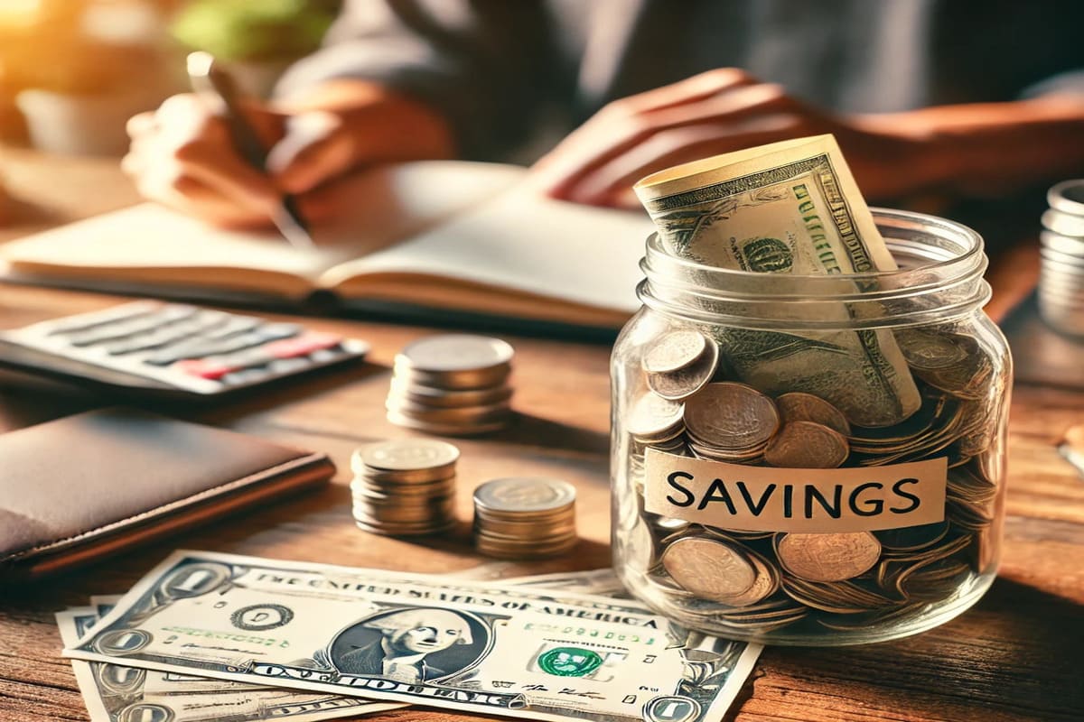 A glass jar filled with coins and dollar bills